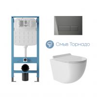 Aqueduto комплект: TECNICA Novo Система инсталляции для подвесного унитаза, RETANGULO Novo Панель смыва, Gun Metal, OVO Tornado S Унитаз подвесной 480*360 безободковый, Tornado, сиденье с микролифтом, белый глянцевый