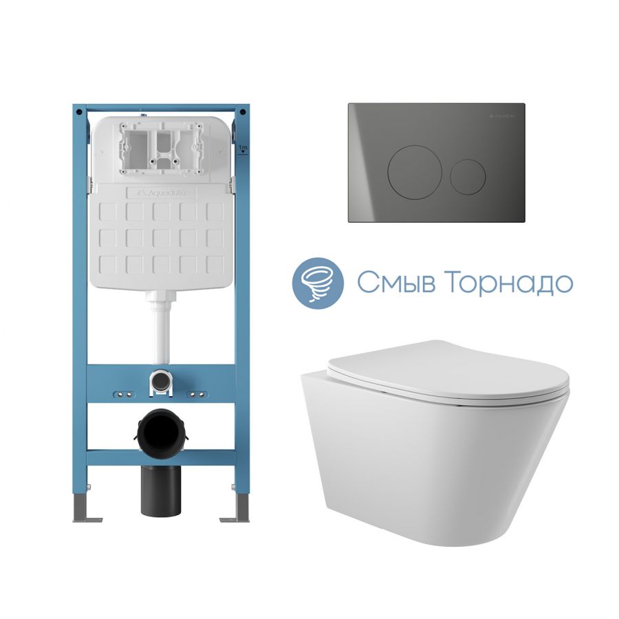 Aqueduto комплект: TECNICA Novo Система инсталляции для подвесного унитаза, CIRCULO Novo Панель смыва, Gun Metal, CONE Tornado Унитаз подвесной 525*360 безободковый, Tornado, сиденье с микролифтом, белый глянцевый