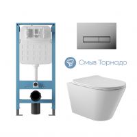 Aqueduto комплект: TECNICA Novo Система инсталляции для подвесного унитаза, RETANGULO Панель смыва, хром, CONE Tornado Унитаз подвесной 525*360 безободковый, Tornado, сиденье с микролифтом, белый глянцевый