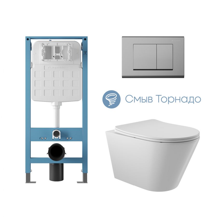Aqueduto комплект: TECNICA Novo Система инсталляции для подвесного унитаза, QUADRADO Панель смыва, хром, CONE Tornado Унитаз подвесной 525*360 безободковый, Tornado, сиденье с микролифтом, белый глянцевый