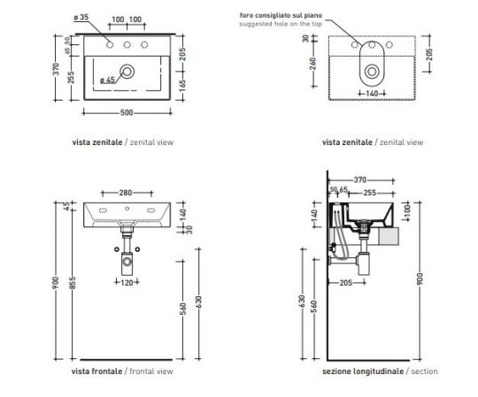 Подвесная раковина Flaminia AppLight 50 глянцевая white AP5037 50х37 схема 2 Подвесная раковина Flaminia AppLight 50 глянцевая white AP5037 50х37 схема 2
