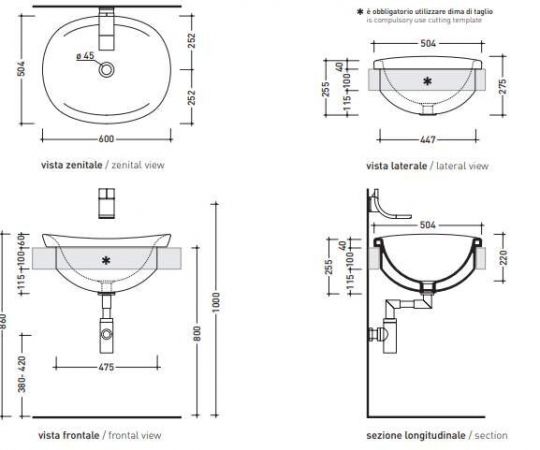 Встраиваемая сверху раковина Flaminia Io 60 Recessed Basin 60х504 схема 8