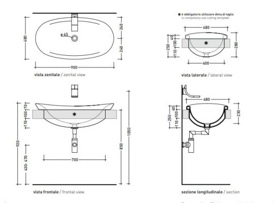 Накладная раковина Flaminia Io 90 Recessed Basin 90х48 схема 4 Накладная раковина Flaminia Io 90 Recessed Basin 90х48 схема 4