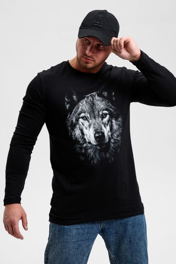 8514 Футболка с длинным рукавом мужская [черный+волк]