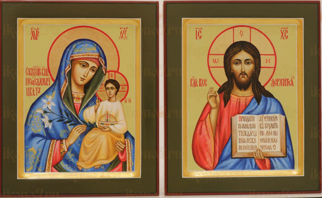 Венчальная пара: Неувядаемый Цвет и Господь Вседержитель 13х16 см (рукописные иконы с сусальным золотом и ковчегом)