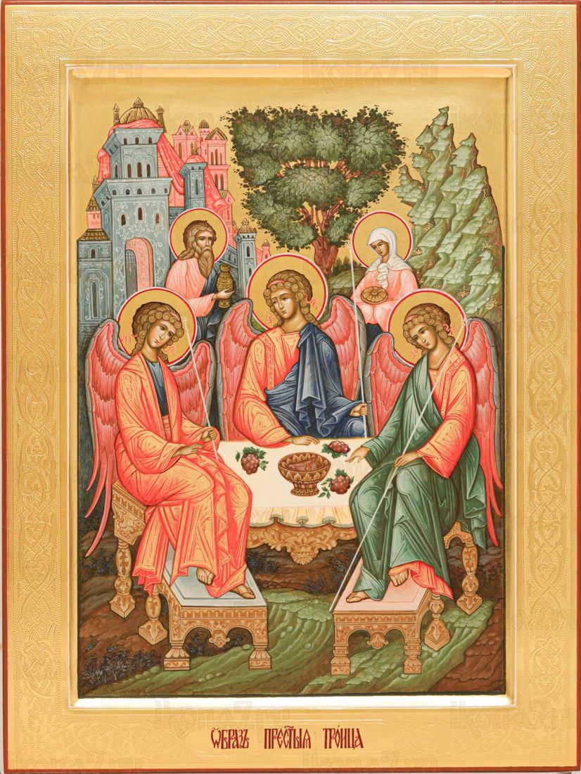 Рукописная икона Троица 30х40 см (Палех, сусальное золото)