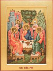 Рукописная икона Троица 30х40 см (Палех, сусальное золото)