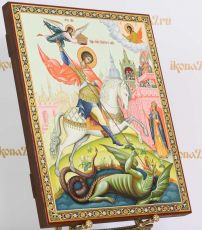 Рукописная икона Георгий Победоносец 40х50 см (Палех, сусальное золото, чеканка, холодные эмали)