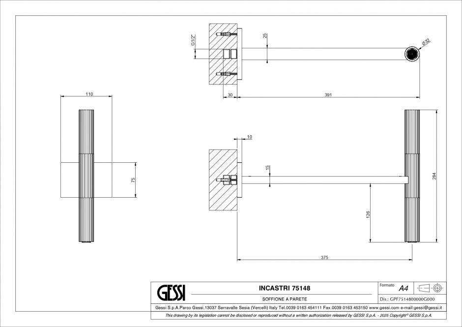 Верхний душ Gessi Incastri 75148 настенный длина 39,1 cм ФОТО