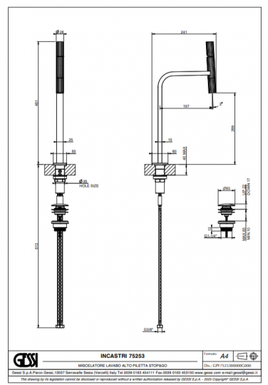 Смеситель для раковины Gessi Incastri 75253 с донным клапаном высота 46,1 см схема 2