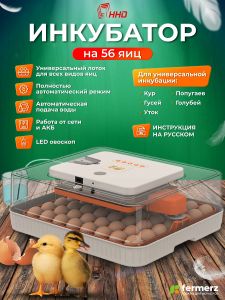 Инкубатор на 56 куринных яиц, с резервным питанием,  автоматическим переворотом и встроенным овоскопом