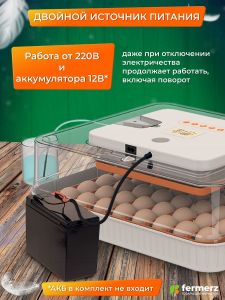 Инкубатор на 56 куринных яиц, с резервным питанием,  автоматическим переворотом и встроенным овоскопом