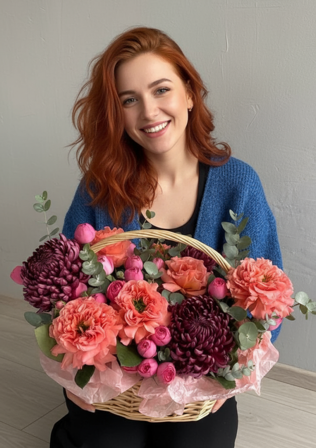 Корзина с осенними винными хризантемами и пионовидными розами