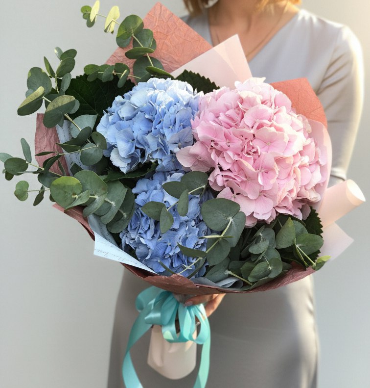 Монобукет из гортензий с эвкалиптом