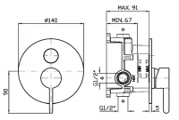 Встраиваемый смеситель для душа Zucchetti Isy22 ZIS776 с кнопочным переключателем схема 2 Встраиваемый смеситель для душа Zucchetti Isy22 ZIS776 с кнопочным переключателем схема 2
