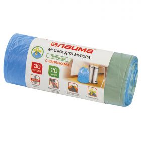 Мешки для мусора с завязками 30 л, синие, в рулоне 20 шт., прочные, ПНД 13 мкм, 50×60 см, LAIMA, 601395