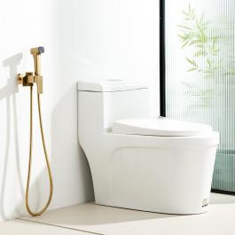 Şəkil 1: Frap H91 F7591-23 bidet kranının ön görünüşü - kvadrat formalı latun korpusu, qızıl satin örtük və tək qolu ilə lüks dizaynı, gigiyenik duş tutucusu ilə nümayiş etdirir.3
