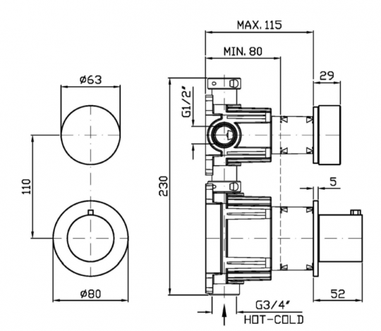 Термостатический смеситель для душа Zucchetti Isy22 ZIS6801 с запорным клапаном схема 2