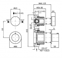 Термостатический смеситель для душа Zucchetti Isy22 ZIS4806.P91 с переключателем на 2/3 источника схема 2