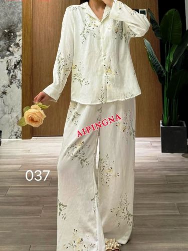 Пижама муслин с брюками  AIPINGNA 037 (молочный-зелень)