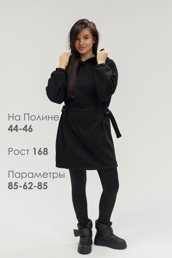 Туника женская теплая с капюшоном и хлястикамии [черный]