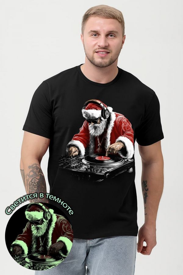 8586 футболка оверсайз мужская [черный+Д мороз диско]