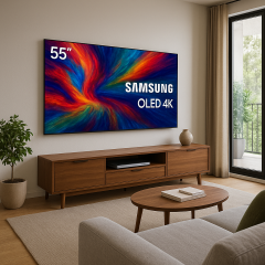 Телевизор Samsung QE55S90FAEXRU 55 дюймов в интерьере гостиной, OLED 4K