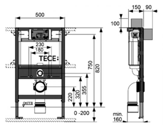 Инсталляция TeceProfil 9300380 для подвесного унитаза без кнопки смыва схема 3 Инсталляция TeceProfil 9300380 для подвесного унитаза без кнопки смыва схема 3