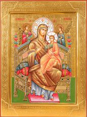 Рукописная икона Всецарица 30х40 см с чеканкой на сусальном золоте