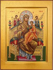 Рукописная икона Всецарица 30х40 см с чеканкой на сусальном золоте