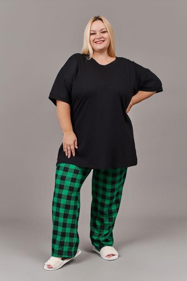 Пижама женская со штанами больших размеров П-111б-однотонная [зеленый,черный]
