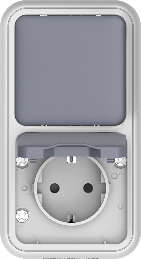 Двойной блок накладной, розетка с защитной крышкой+переключатель 1-клавишный, цвет серый, IP55, серия W55