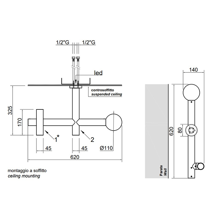 Верхний душ потолочный Antonio Lupi APOLLO4 с 2 изливами и подсветкой ФОТО