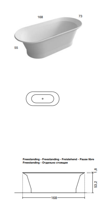 Ванна отдельностоящая Antonio Lupi OASI OASI10 168х73 см из материала Cristalplant ФОТО