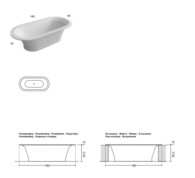 Ванна отдельностоящая или встраиваемая Antonio Lupi OASI OASI20 180х85 см из материала Cristalplant ФОТО