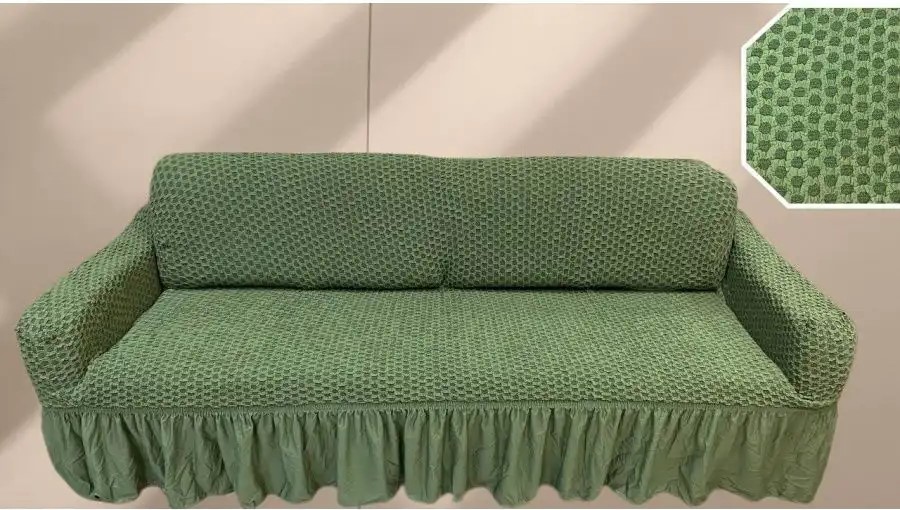 Чехол на 3-х местный диван с оборкой Жаккард  ,зеленый
