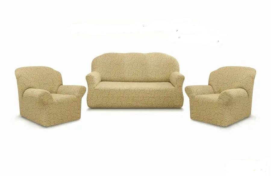 Комплект чехлов на  диван и 2 кресла без оборки Жаккард  ,Бежевый