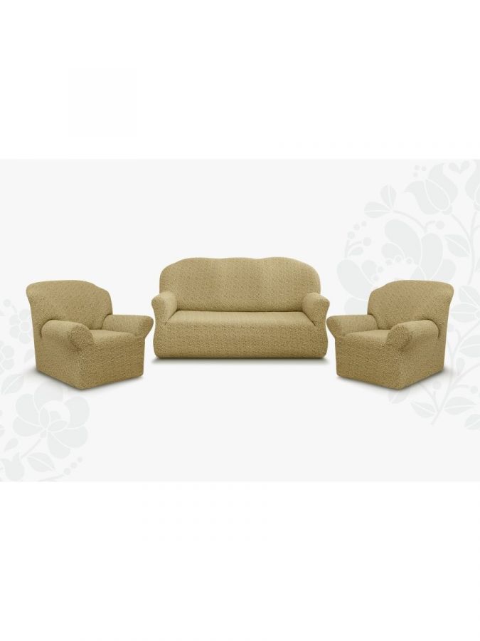 Комплект чехлов на  диван и 2 кресла без оборки Жаккард  ,Бежевый