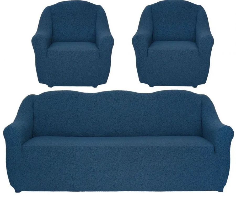 Комплект чехлов на  диван и 2 кресла без оборки Жаккард  ,синий