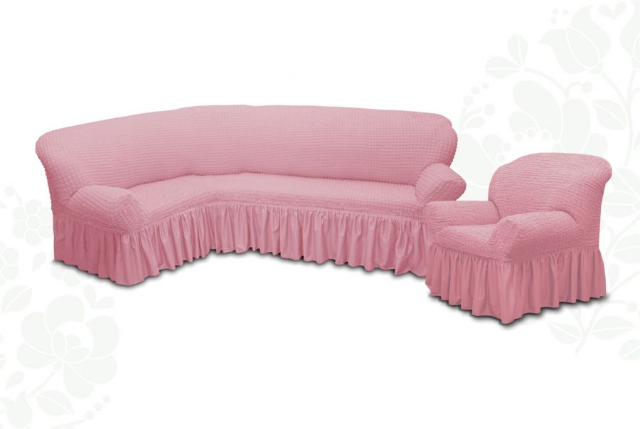 Чехол на угловой диван и кресло с оборкой,Пудра