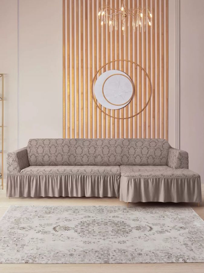 Чехол на угловой диван с оборкой Жаккард , какао