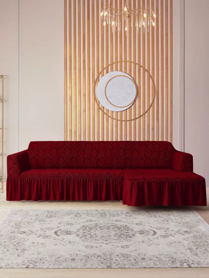 Чехол на угловой диван с оборкой Жаккард ,бордовый