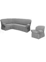 Чехол на угловой диван и кресло с оборкой Жаккард,Серебро