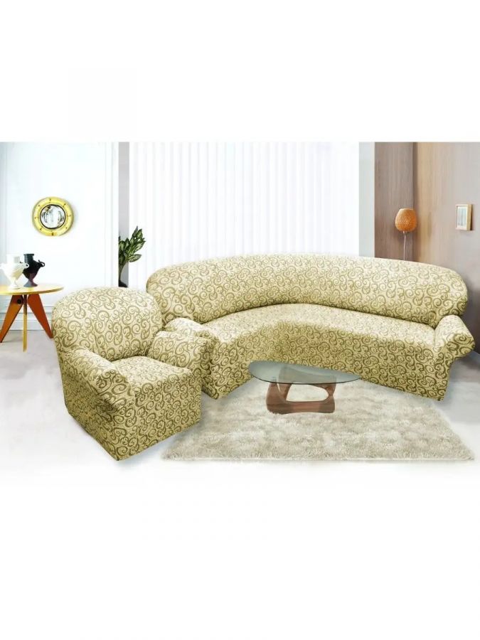 Чехол на угловой диван и кресло с без оборки,Жаккард,шампань