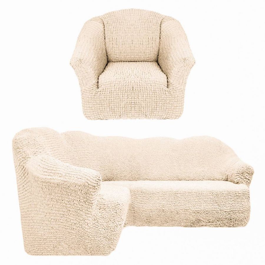 Чехол на угловой диван и кресло с без оборки,Ванильный