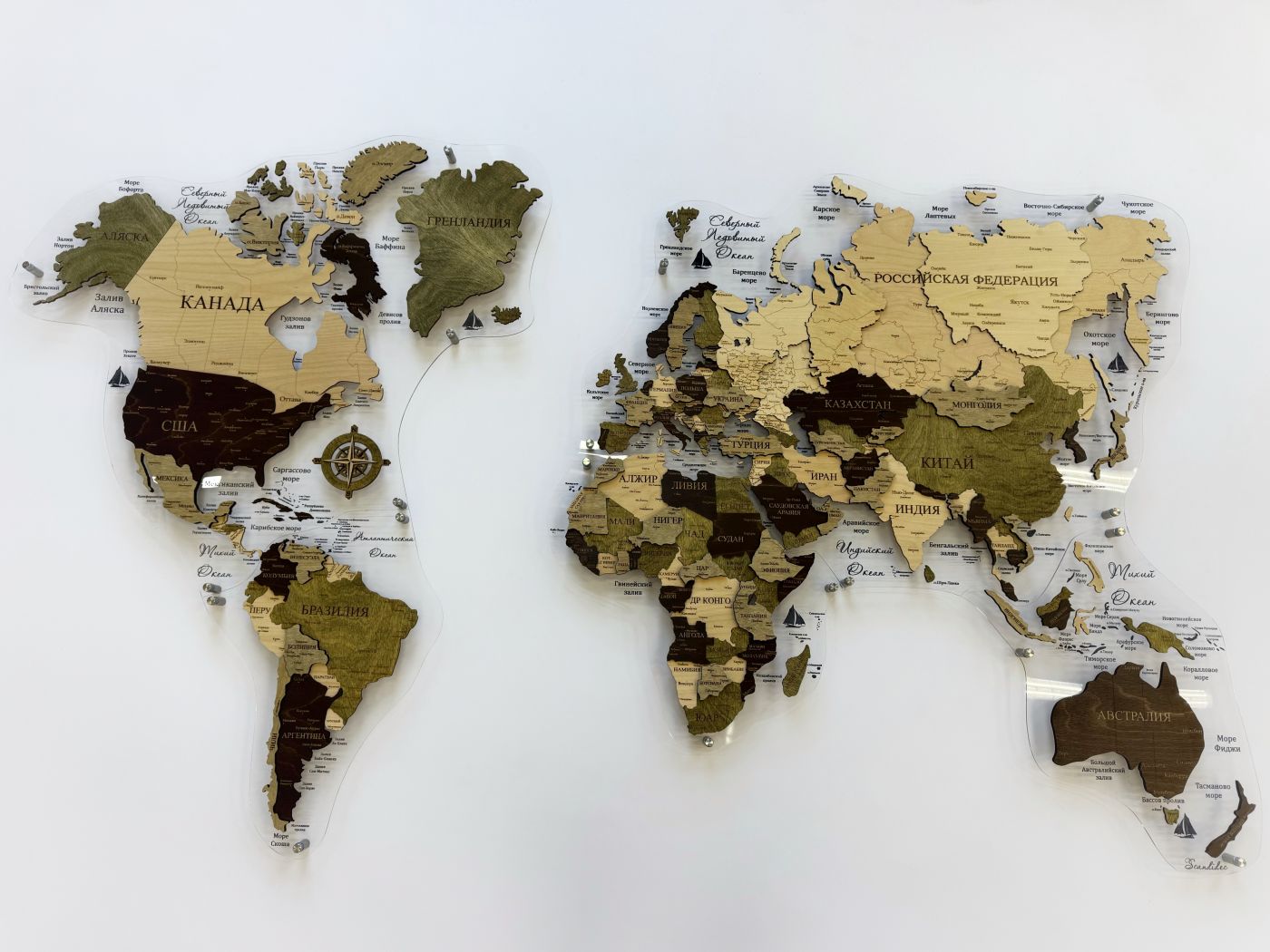 Цвет "Тоскана", 150х93 см, Многоуровневая карта мира из дерева