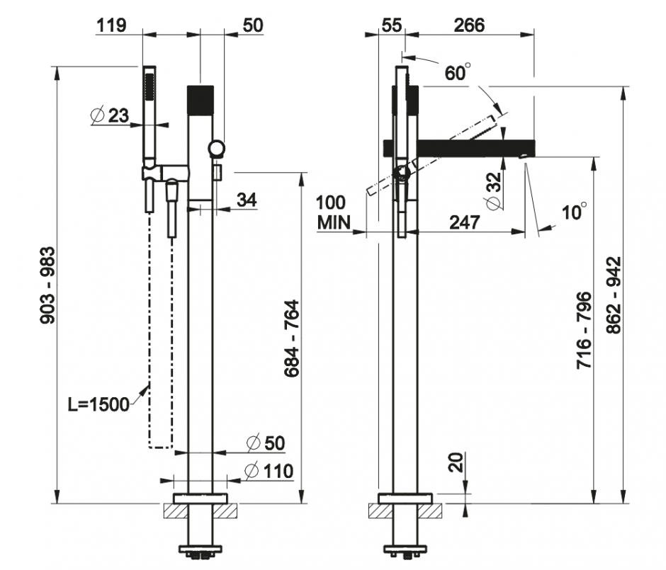 Смеситель для ванны Gessi Incastri 75028 напольный с ручным душем ФОТО