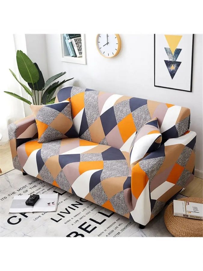 Чехол на 2-местный диван, без оборки, спандекс, оранжевый