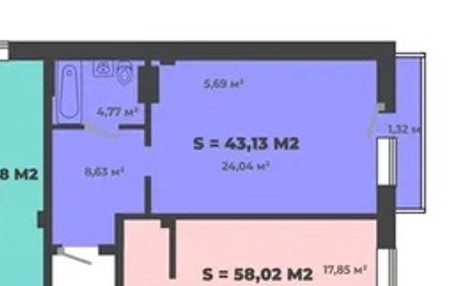 1-комнатная квартира 43,13кв.м. Генерала Тихонова 3