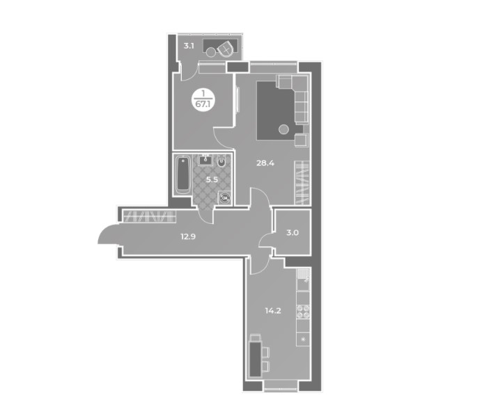 2-комнатная квартира 67,1кв.м.Генерала Тихонова 7
